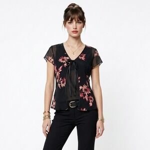 Vintage Sheer Silk Blouse  Black Pink Floral Tie Front Whimsigoth NYC Design L